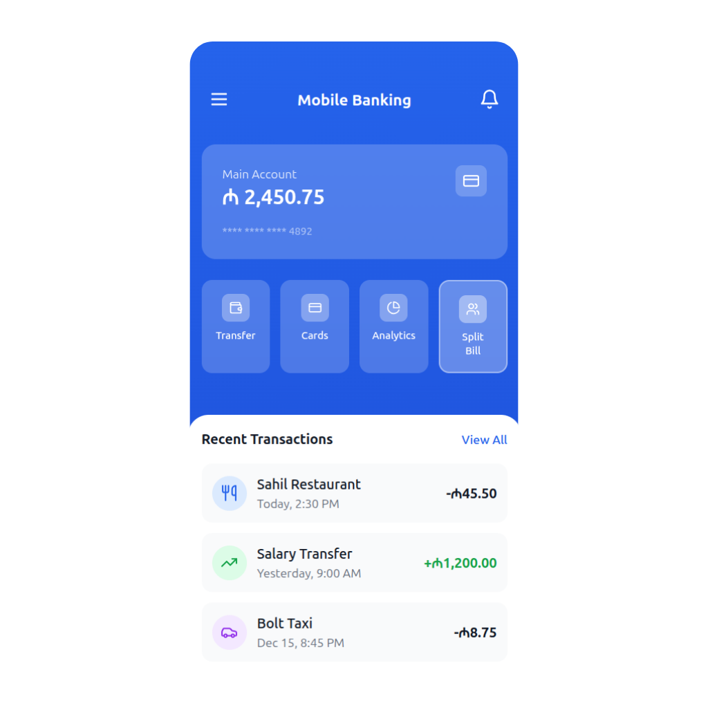 SplitEase Banking Integration - Mobile Banking App with Split Bill Feature
